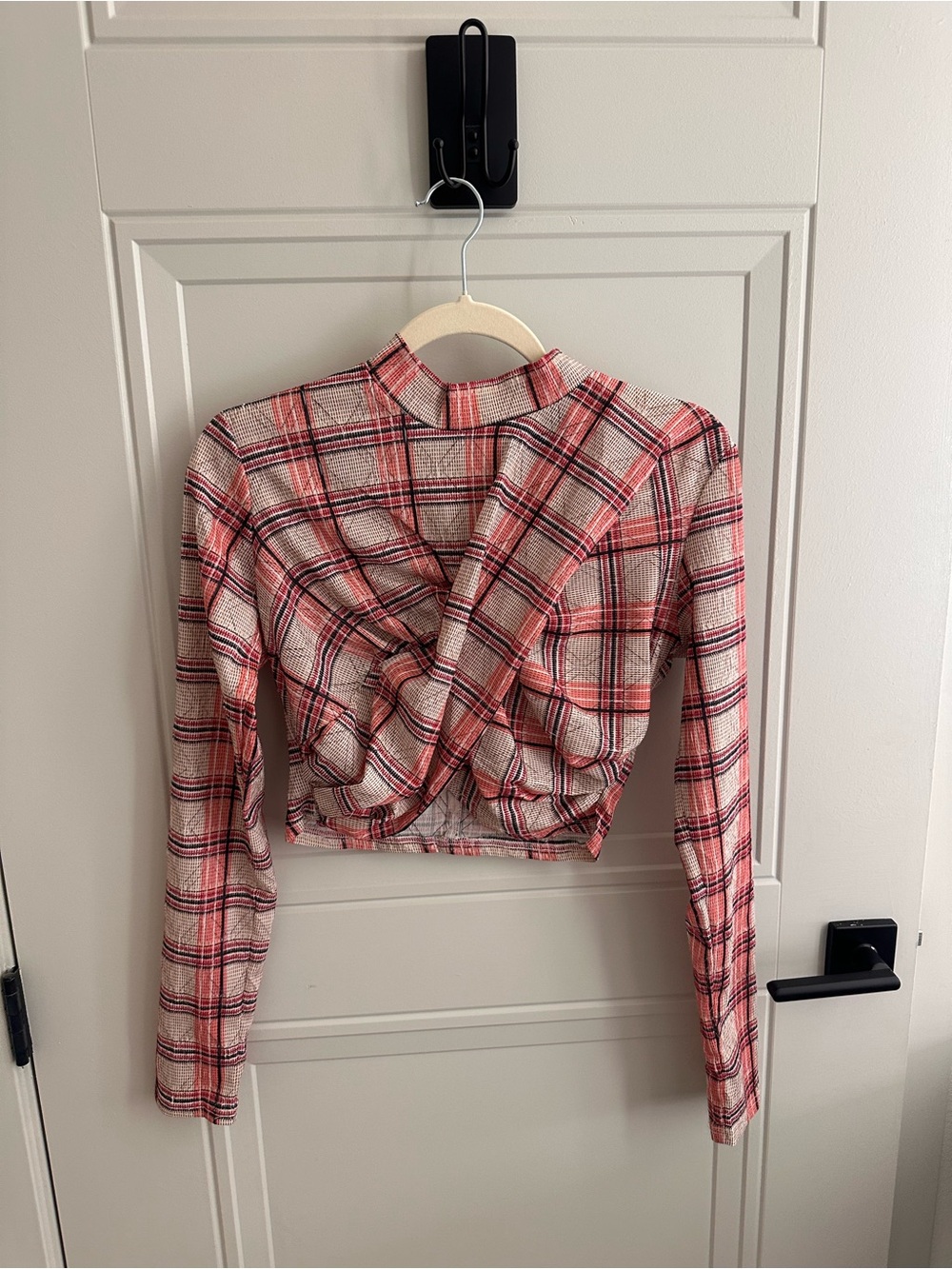 Cropped Pink Plaid Twist-Front Long Sleeve Top